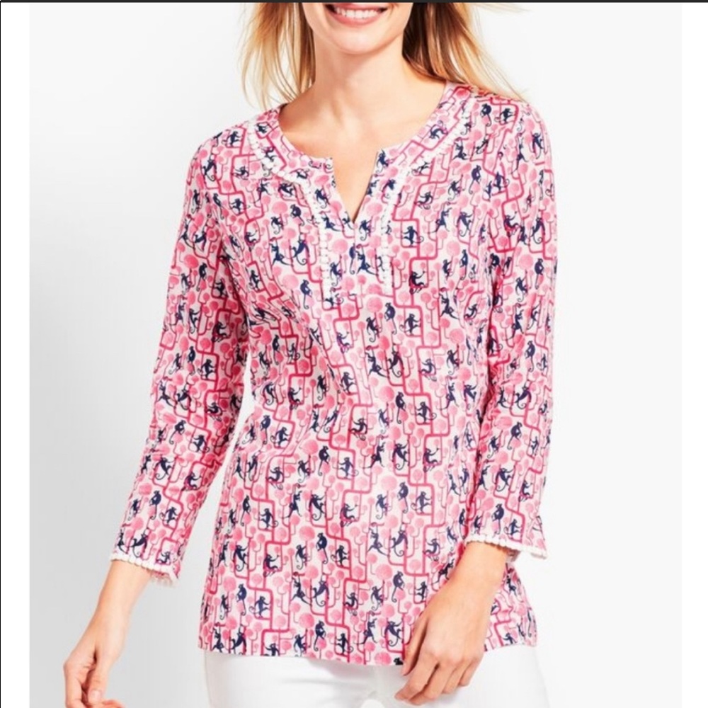 Talbots Pink Monkey Print Cotton Tunic 3/4 Sleeve  Medium Petite MP